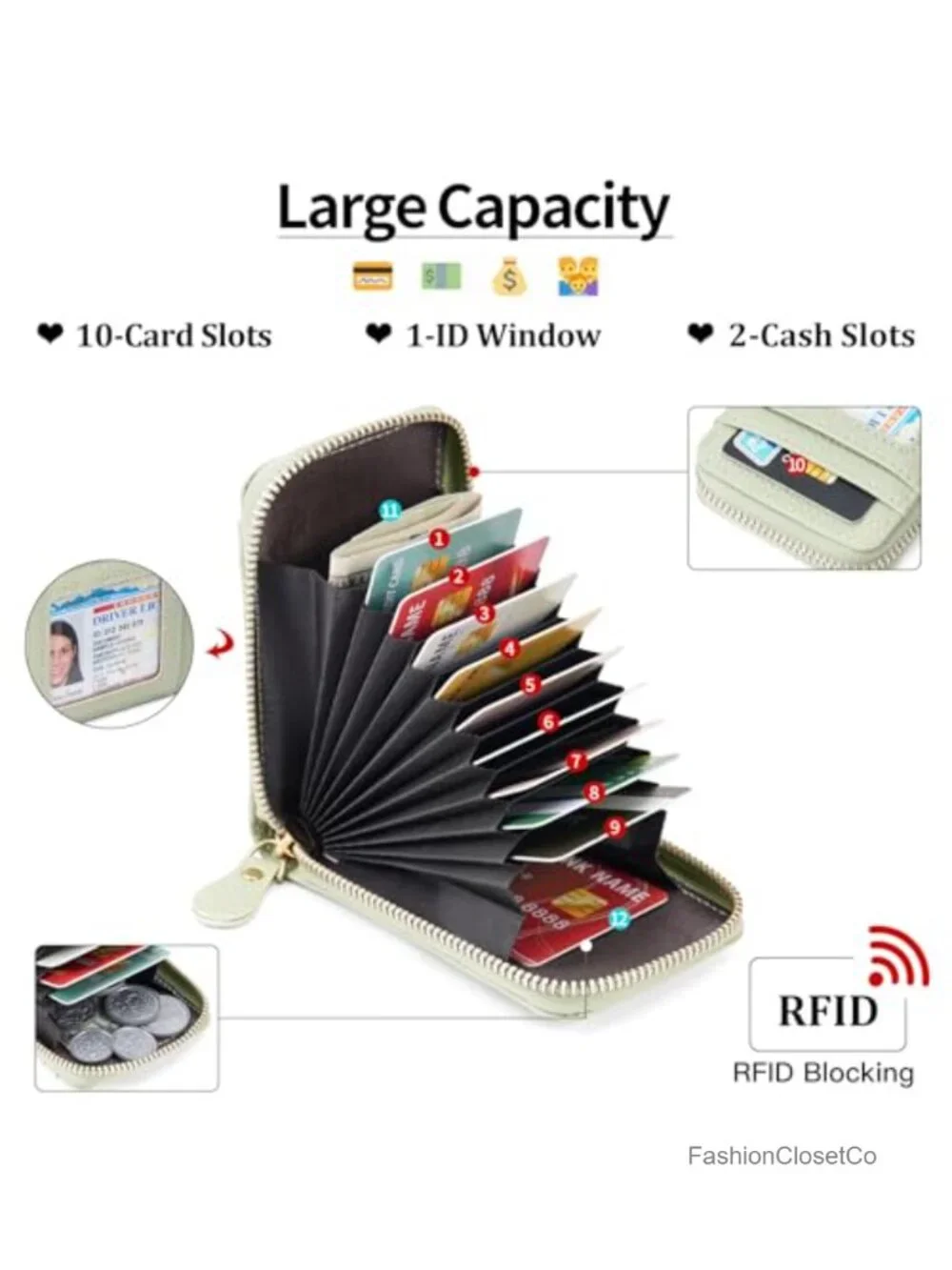 RFID Accordion Zipper Card Wallet Vegan Leather Lightweight Credit Card Holder